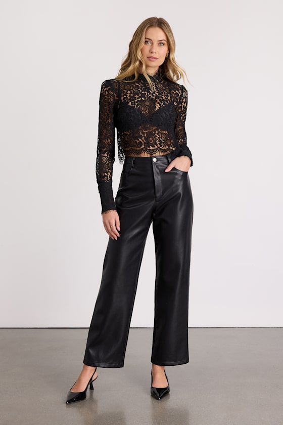Celita Black Sheer Eyelash Lace Long Sleeve Crop Top