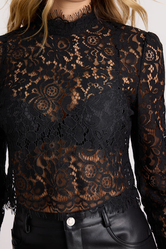 Celita Black Sheer Eyelash Lace Long Sleeve Crop Top