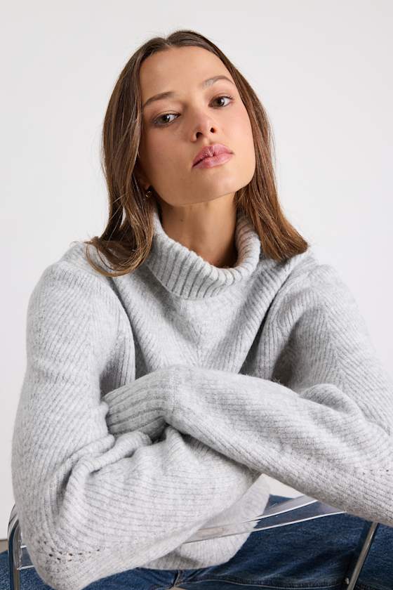 Meet Cozy Heather Grey Knit Long Sleeve Turtleneck Sweater