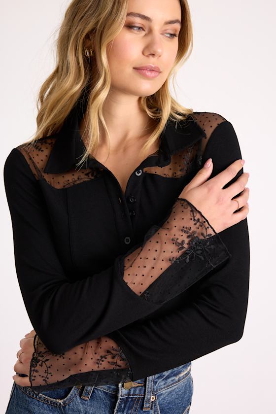 Wynette Black Sheer Embroidered Button-Up Top