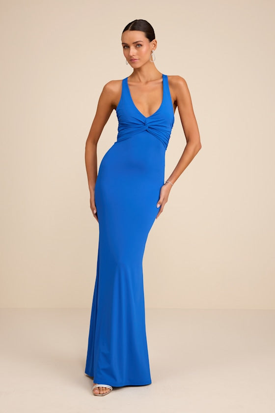 Cazy Royal Blue Jersey Knit Twist-Front Maxi Dress