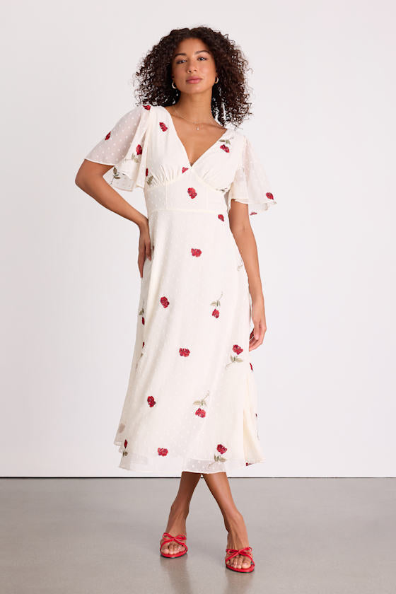 Jolina White Embroidered Swiss Dot Flutter Sleeve Midi Dress