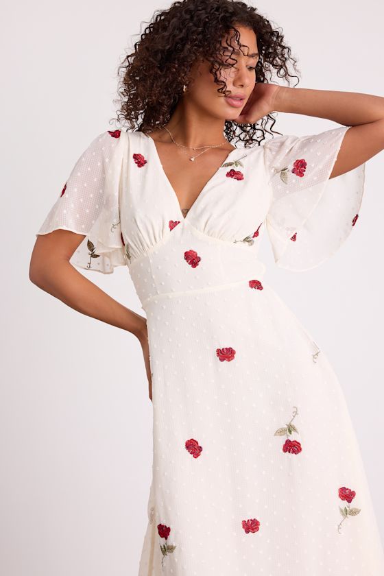 Jolina White Embroidered Swiss Dot Flutter Sleeve Midi Dress