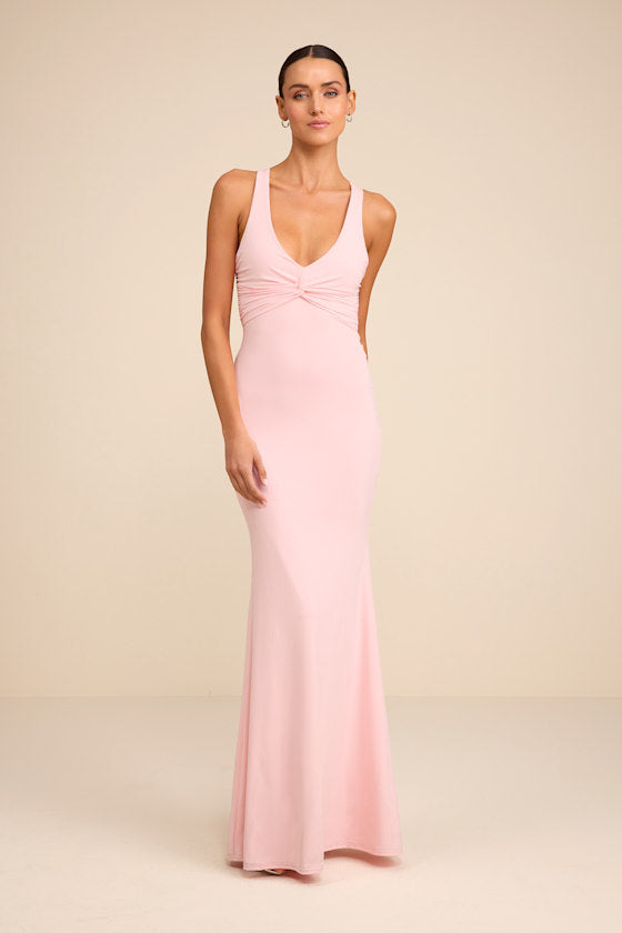 Cazy Light Pink Jersey Knit Twist-Front Maxi Dress