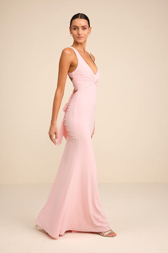 Cazy Light Pink Jersey Knit Twist-Front Maxi Dress