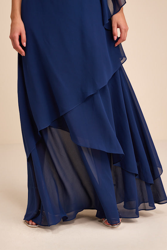 Camellia Dark Blue One-Shoulder Bow Maxi Dress