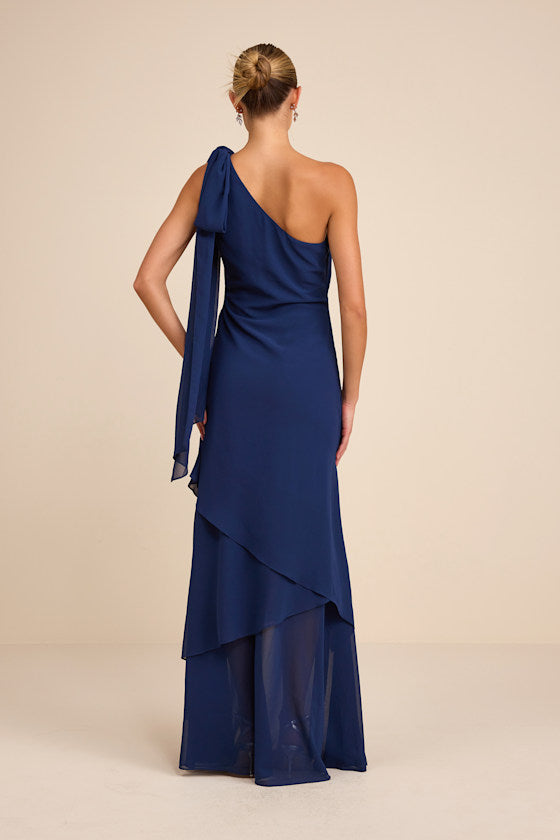 Camellia Dark Blue One-Shoulder Bow Maxi Dress