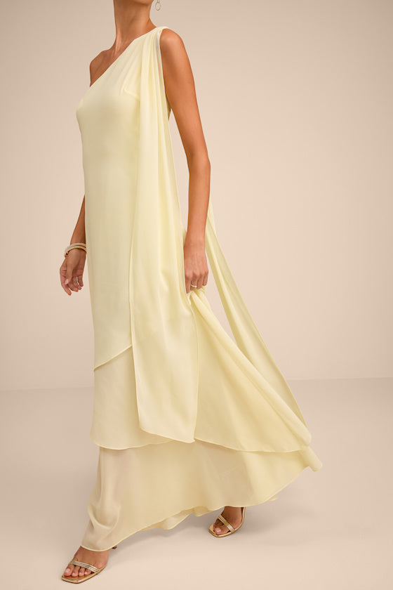 Camellia Light Yellow One-Shoulder Bow Maxi Dress
