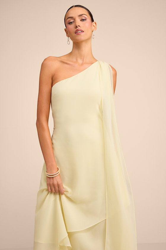 Camellia Light Yellow One-Shoulder Bow Maxi Dress