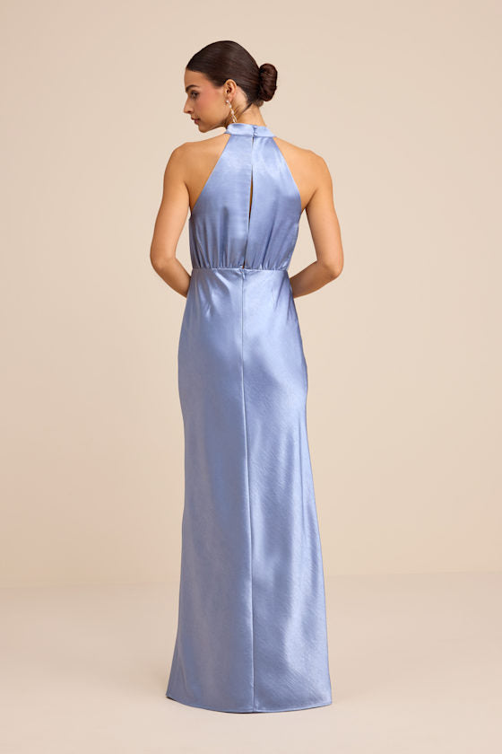 Sevinia Slate Blue Satin Mock Neck Sleeveless Maxi Dress