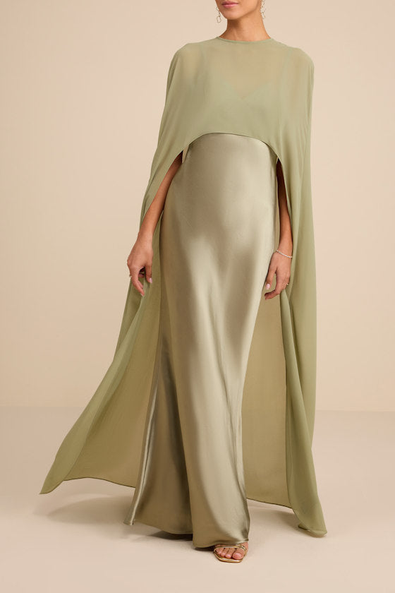 Cavana Sage Satin Cape Maxi Dress