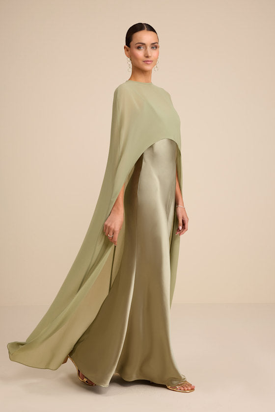 Cavana Sage Satin Cape Maxi Dress