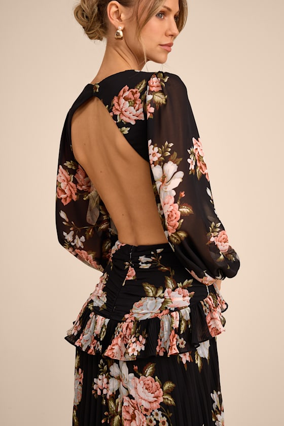 Chaelyn Black Floral Long Sleeve Cutout Maxi Dress