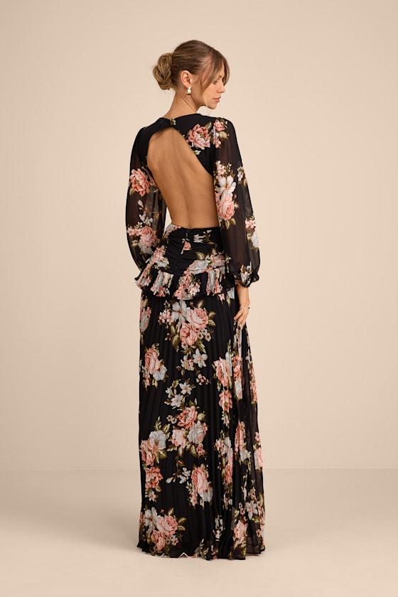 Chaelyn Black Floral Long Sleeve Cutout Maxi Dress