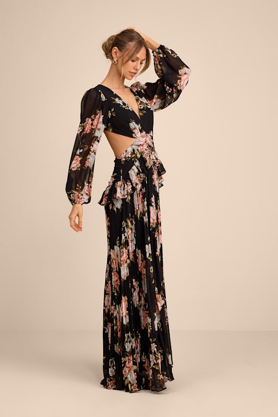 Chaelyn Black Floral Long Sleeve Cutout Maxi Dress