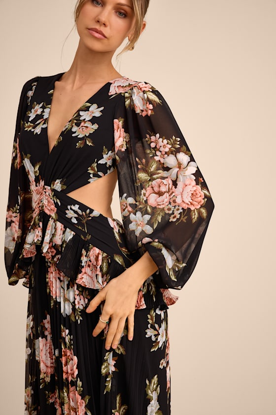 Chaelyn Black Floral Long Sleeve Cutout Maxi Dress