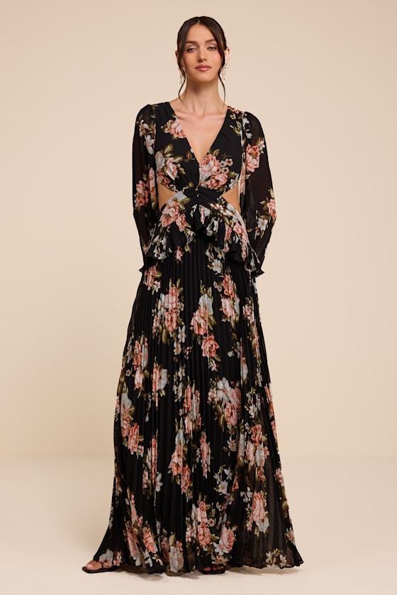 Chaelyn Black Floral Long Sleeve Cutout Maxi Dress