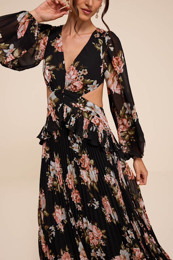 Chaelyn Black Floral Long Sleeve Cutout Maxi Dress
