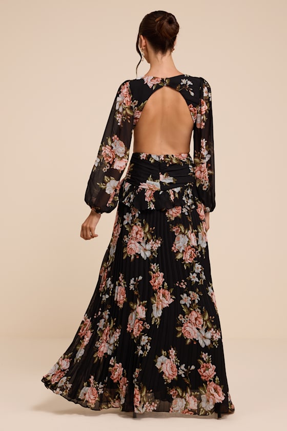 Chaelyn Black Floral Long Sleeve Cutout Maxi Dress