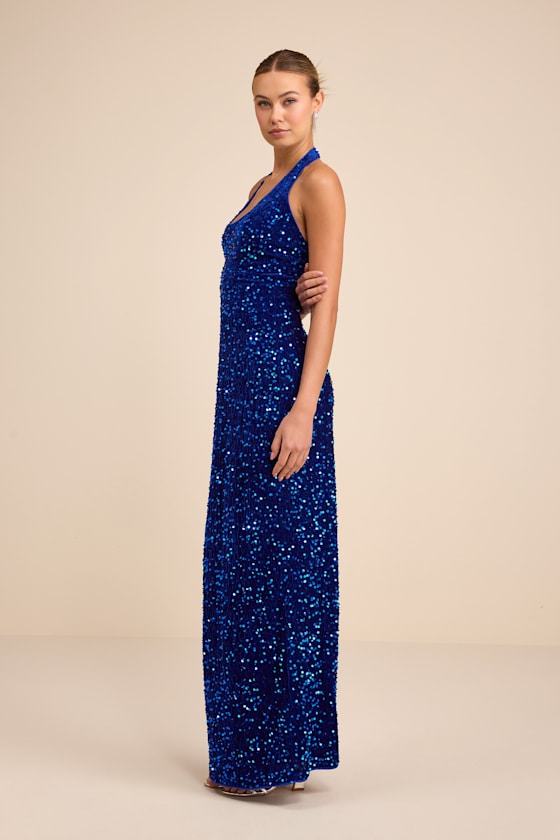 Xylana Royal Blue Velvet Sequin Halter Maxi Dress