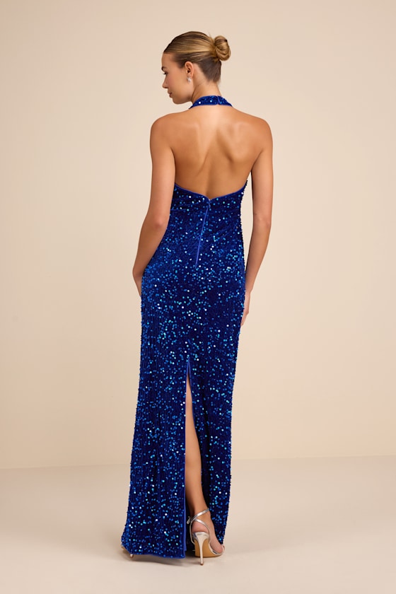 Xylana Royal Blue Velvet Sequin Halter Maxi Dress