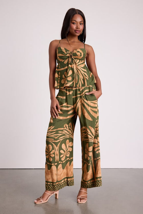Sabo Olive and Tan Boho Print Wide-Leg Pants