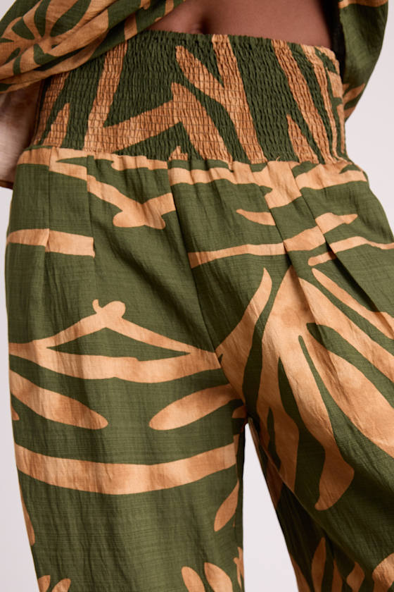 Sabo Olive and Tan Boho Print Wide-Leg Pants