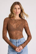 Hunter Light Brown Sheer Lace Long Sleeve Top