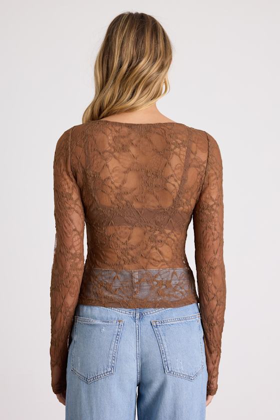 Hunter Light Brown Sheer Lace Long Sleeve Top