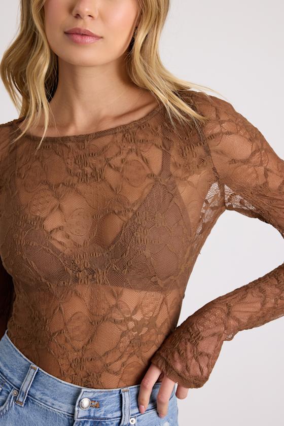 Hunter Light Brown Sheer Lace Long Sleeve Top