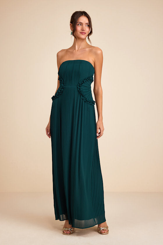 Lauren Emerald Pleated Strapless Ruffled Maxi Dress