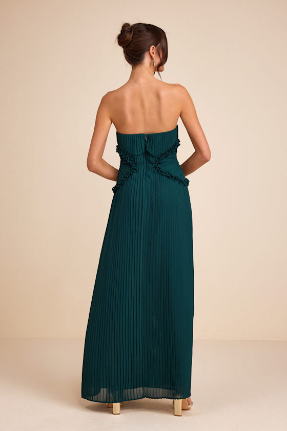 Lauren Emerald Pleated Strapless Ruffled Maxi Dress