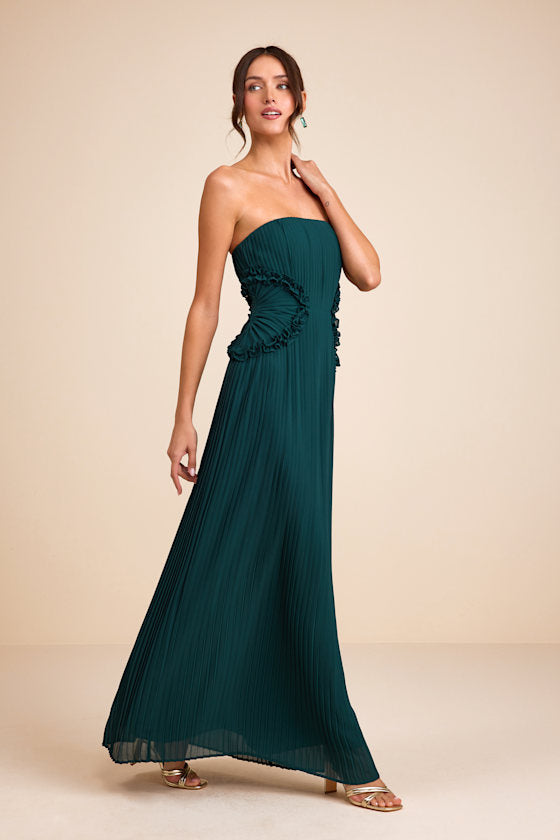 Lauren Emerald Pleated Strapless Ruffled Maxi Dress