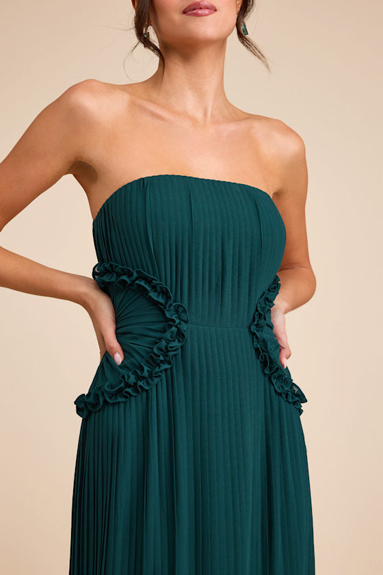 Lauren Emerald Pleated Strapless Ruffled Maxi Dress