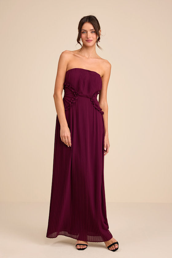 Lauren Plum Pleated Strapless Ruffled Maxi Dress