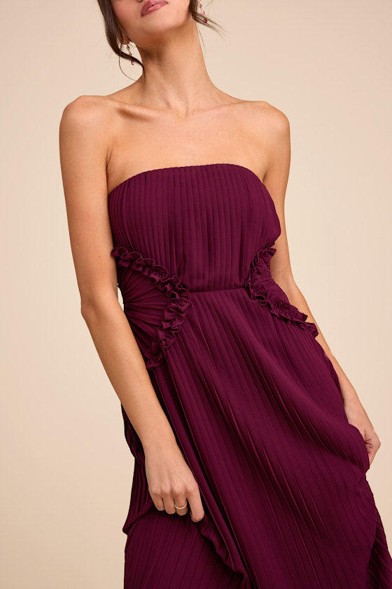 Lauren Plum Pleated Strapless Ruffled Maxi Dress