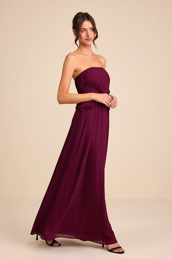 Lauren Plum Pleated Strapless Ruffled Maxi Dress