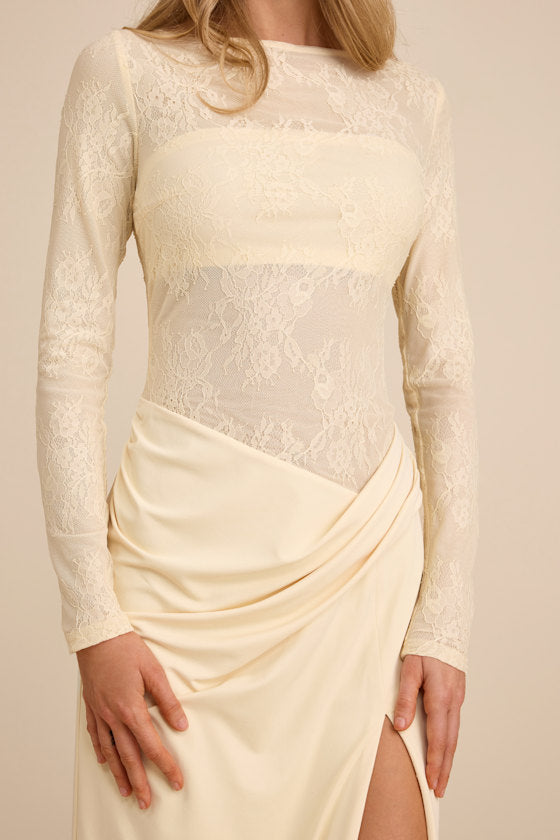 Nadina Pale Yellow Lace Long Sleeve Maxi Dress