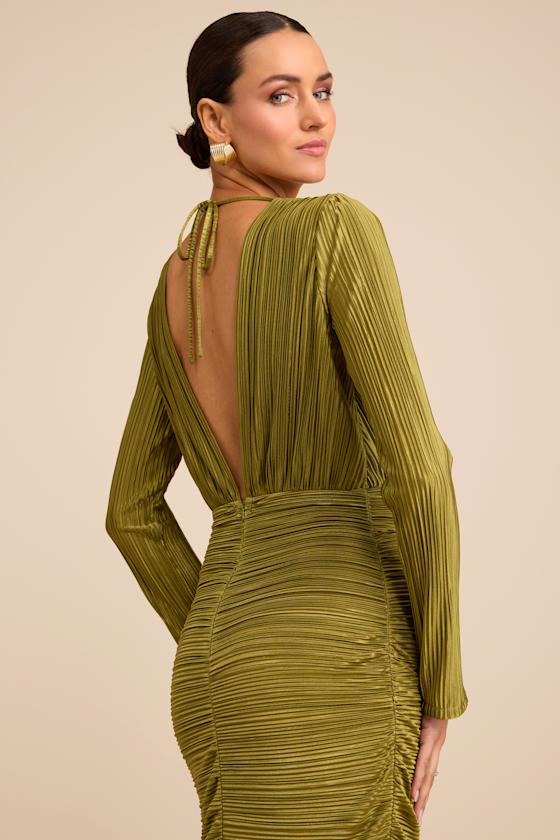 Seren Olive Green Plisse Surplice Maxi Dress