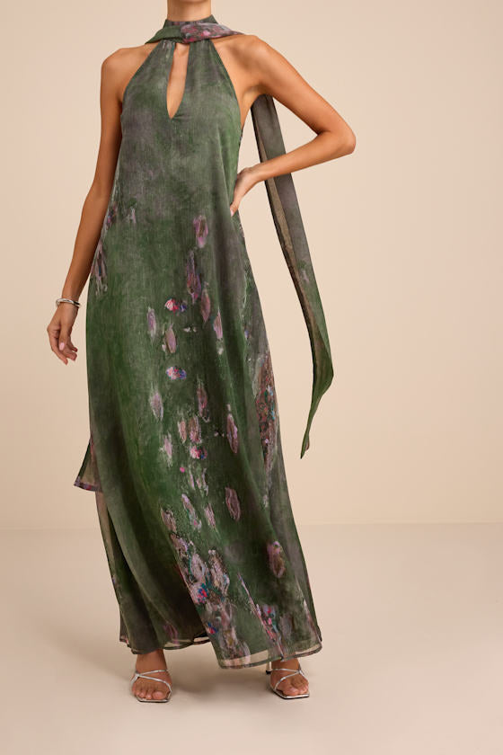 Calixta Green Abstract Chiffon Sash Shift Maxi Dress