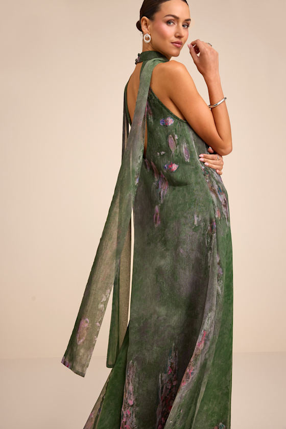 Calixta Green Abstract Chiffon Sash Shift Maxi Dress