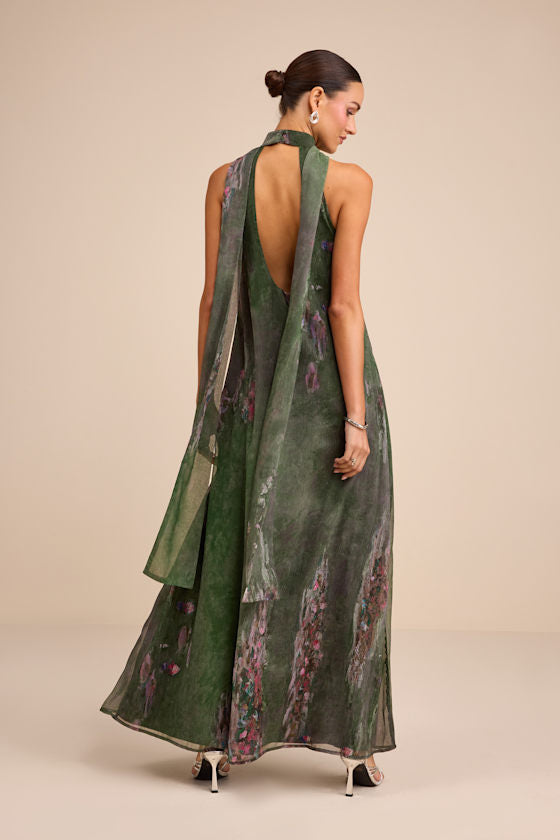 Calixta Green Abstract Chiffon Sash Shift Maxi Dress