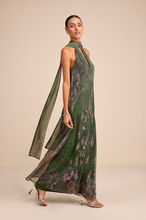 Calixta Green Abstract Chiffon Sash Shift Maxi Dress