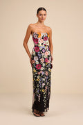 Macario Black Multi 3D Floral Embroidered Strapless Maxi Dress