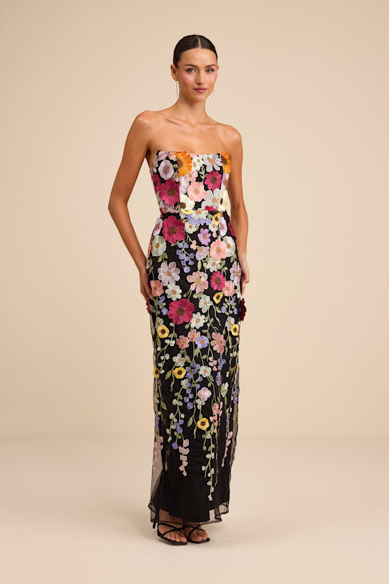Macario Black Multi 3D Floral Embroidered Strapless Maxi Dress