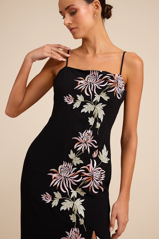 Talisa Black Floral Embroidered Column Maxi Dress