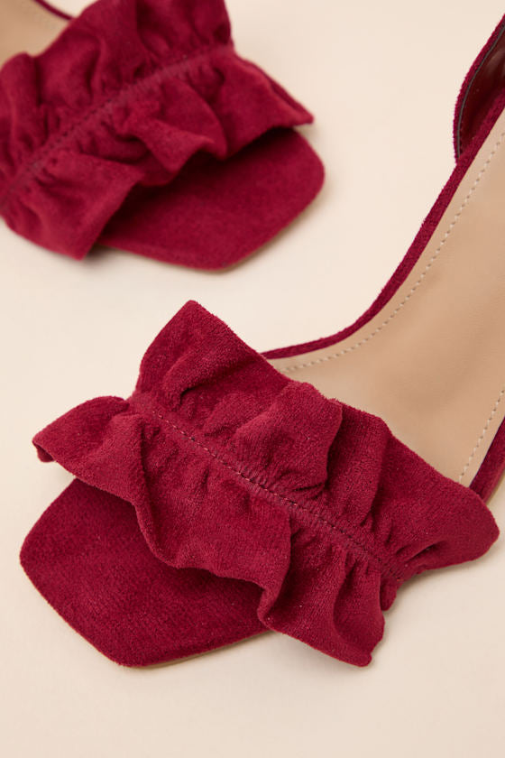 Rosa Wine Suede Ruched High Heel Slingback Sandals