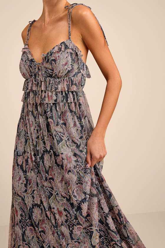 Teomara Navy Paisley Print Lurex Tie-Strap Maxi Dress