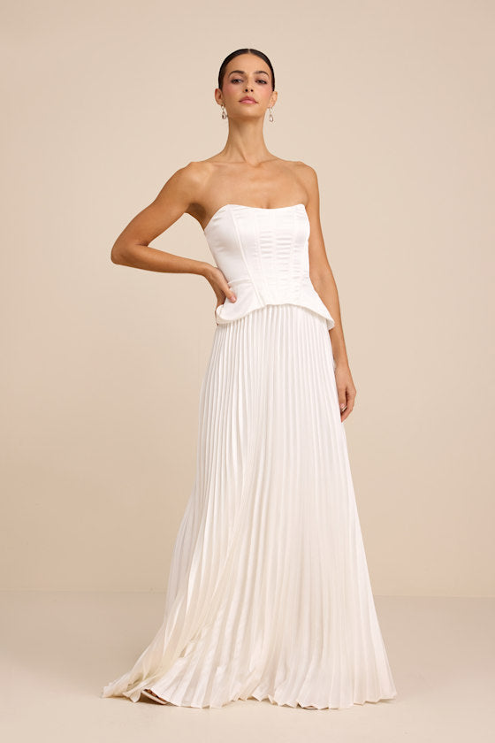 Dovey White Satin Pleated Maxi Dress