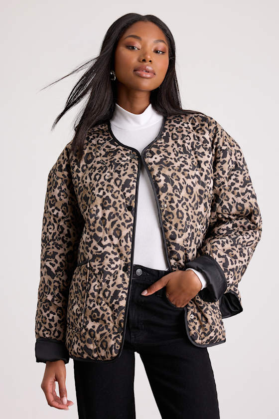 Lisa Brown Leopard Print Collarless Quilted Jacket
